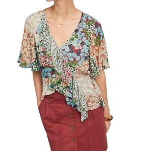 Anthropologie Eri & Ali Boho Patchwork Daisy Short Sleeve Blouse XL Multicolour